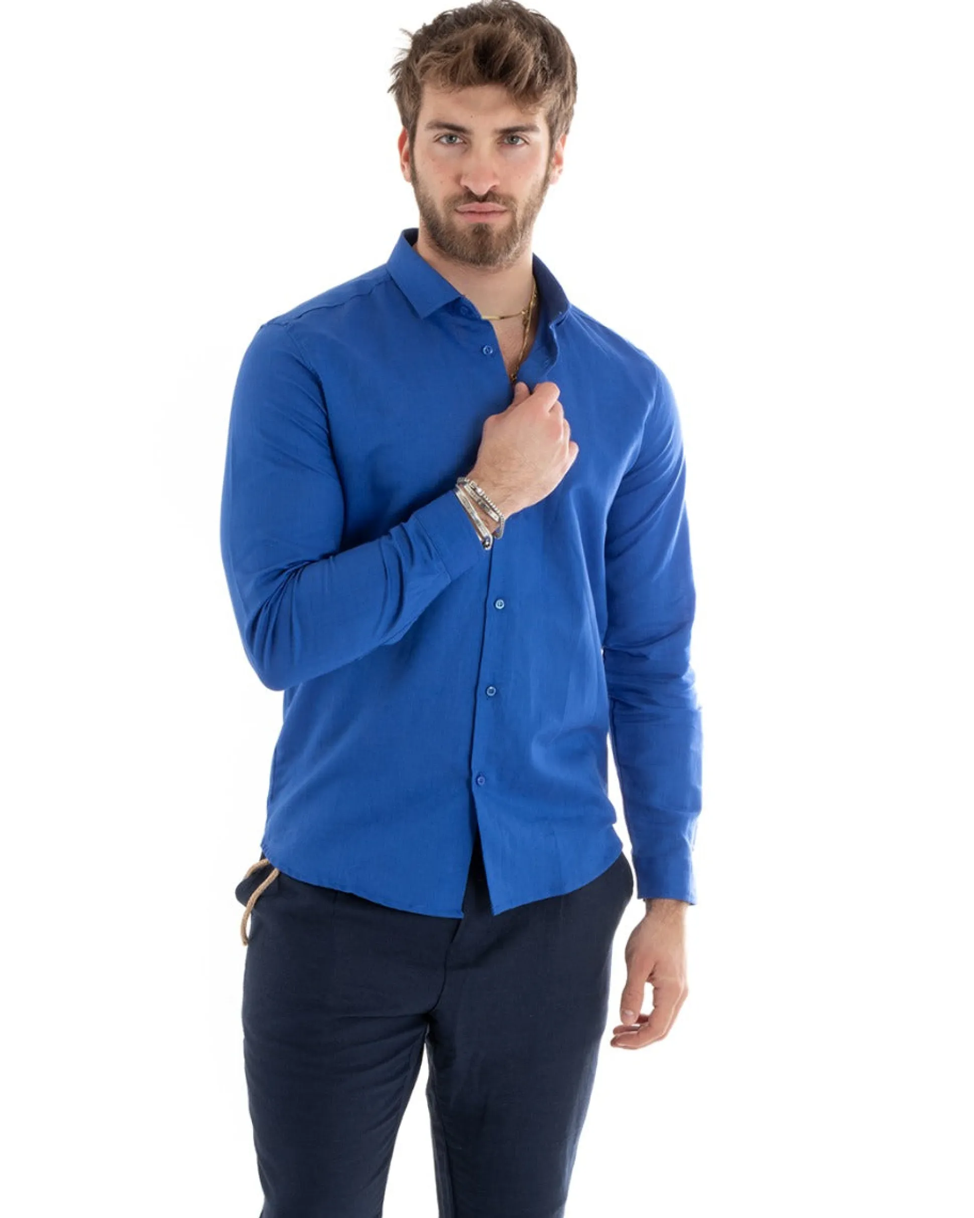 Camicia Uomo Lino Collo Francese Sartoriale Blu Royal C2717A