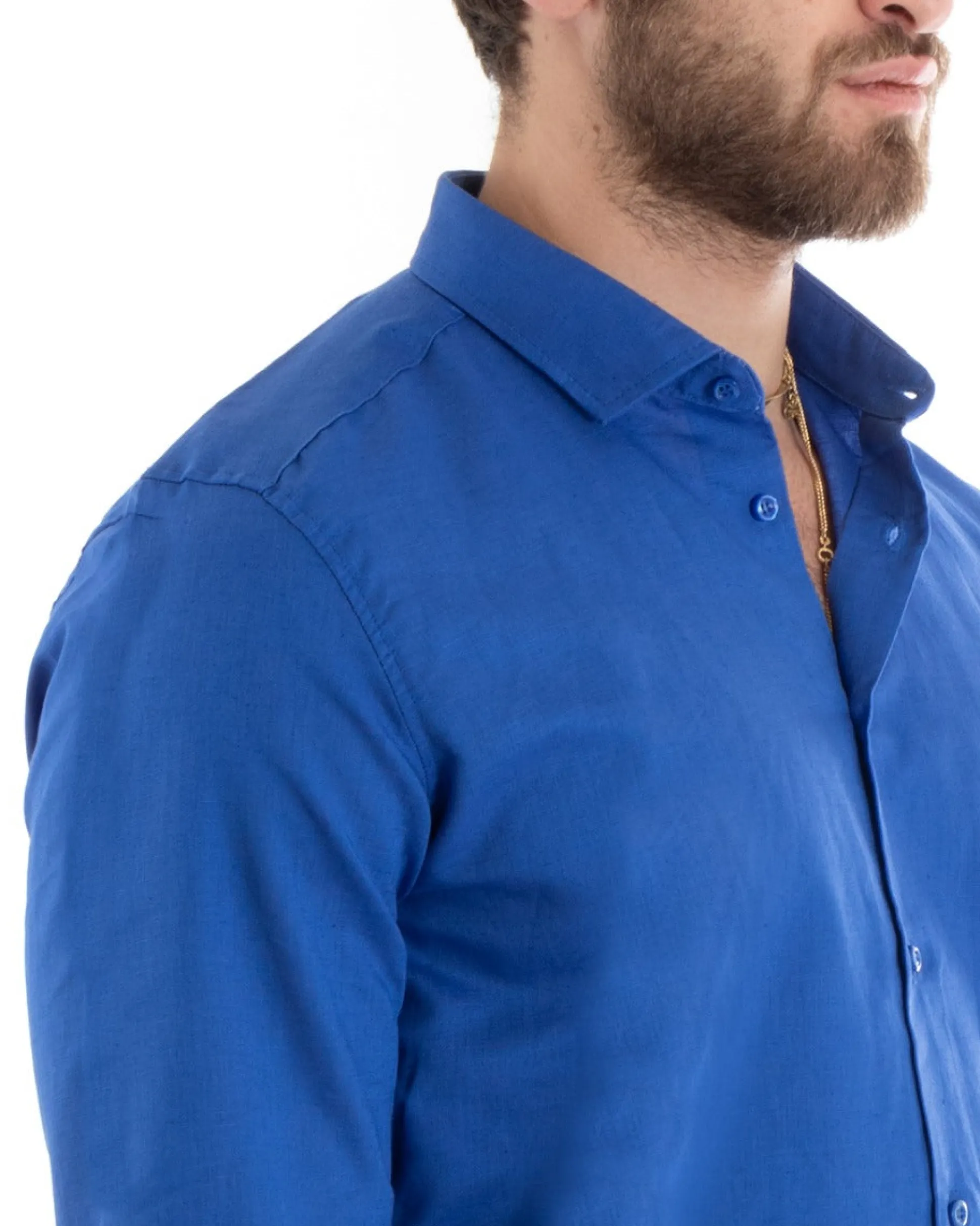 Camicia Uomo Lino Collo Francese Sartoriale Blu Royal C2717A