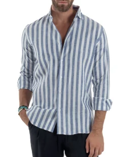 Camicia uomo lino collo francese rigata larga blu C3025A