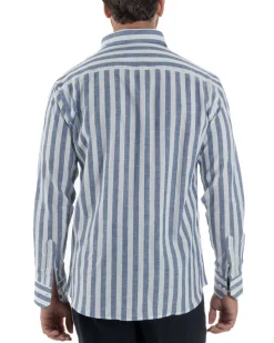 Camicia uomo lino collo francese rigata larga blu C3025A