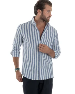 Camicia uomo lino collo francese rigata larga blu C3025A