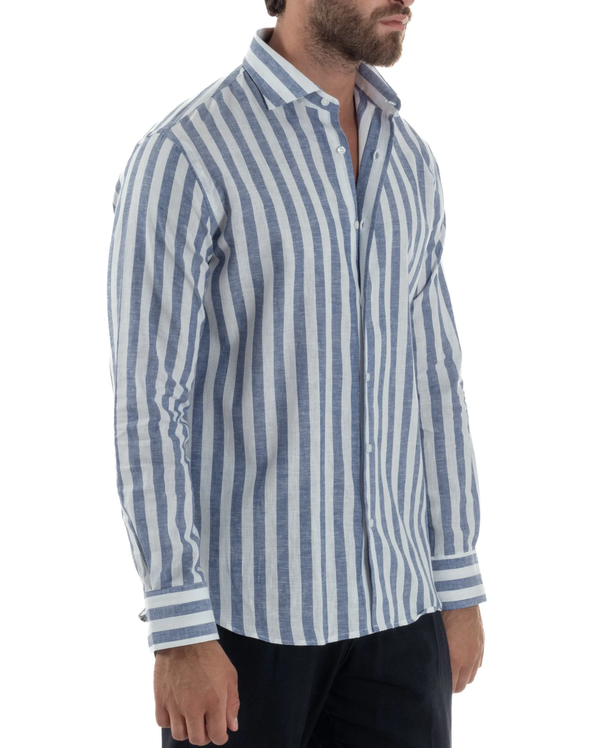 Camicia uomo lino collo francese rigata larga blu C3025A