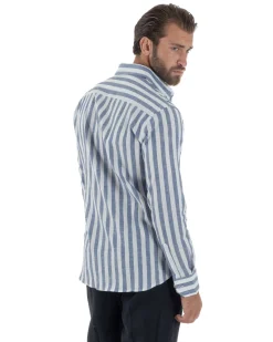 Camicia uomo lino collo francese rigata larga blu C3025A