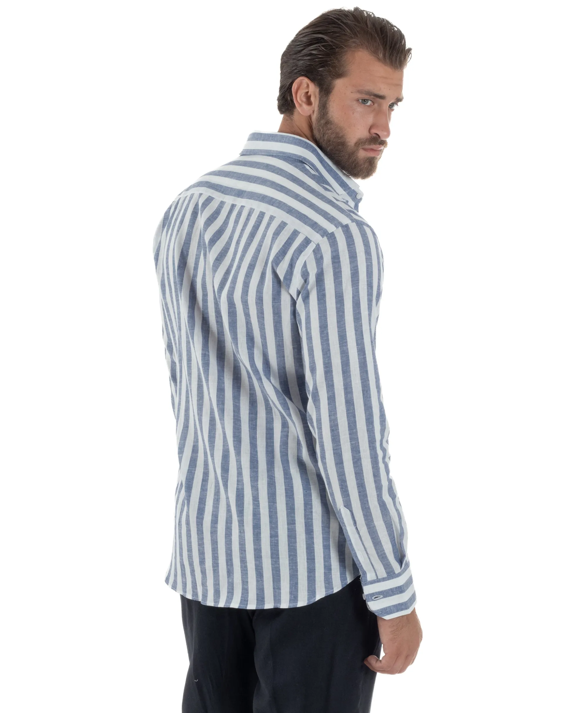 Camicia uomo lino collo francese rigata larga blu C3025A