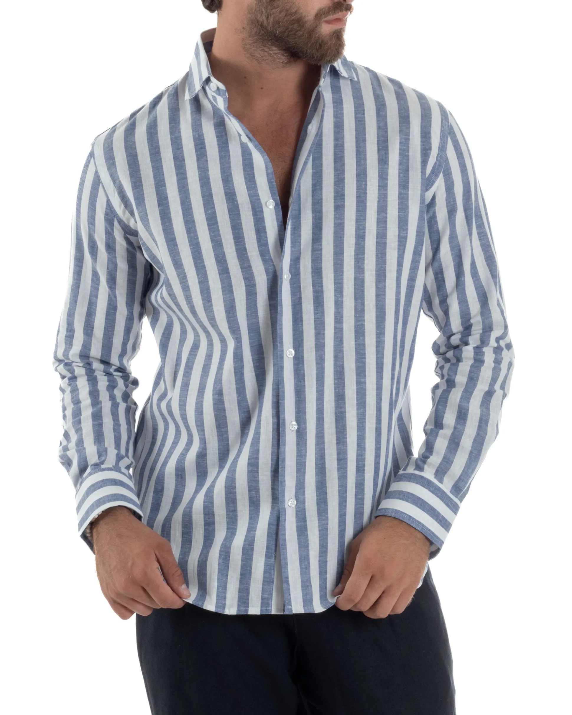 Camicia uomo lino collo francese rigata larga blu C3025A