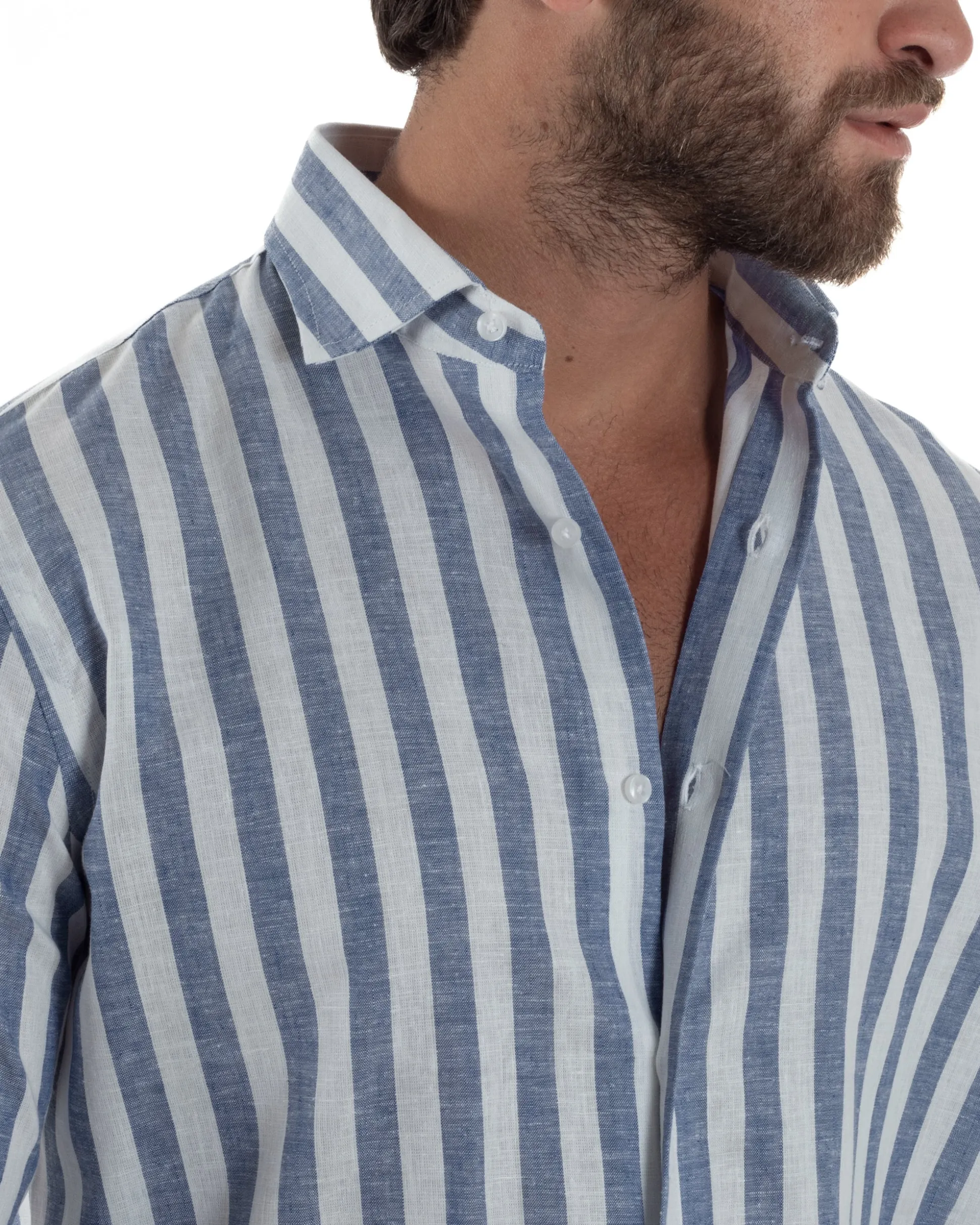 Camicia uomo lino collo francese rigata larga blu C3025A