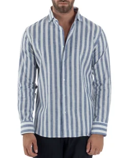 Camicia uomo lino collo francese rigata larga blu C3025A