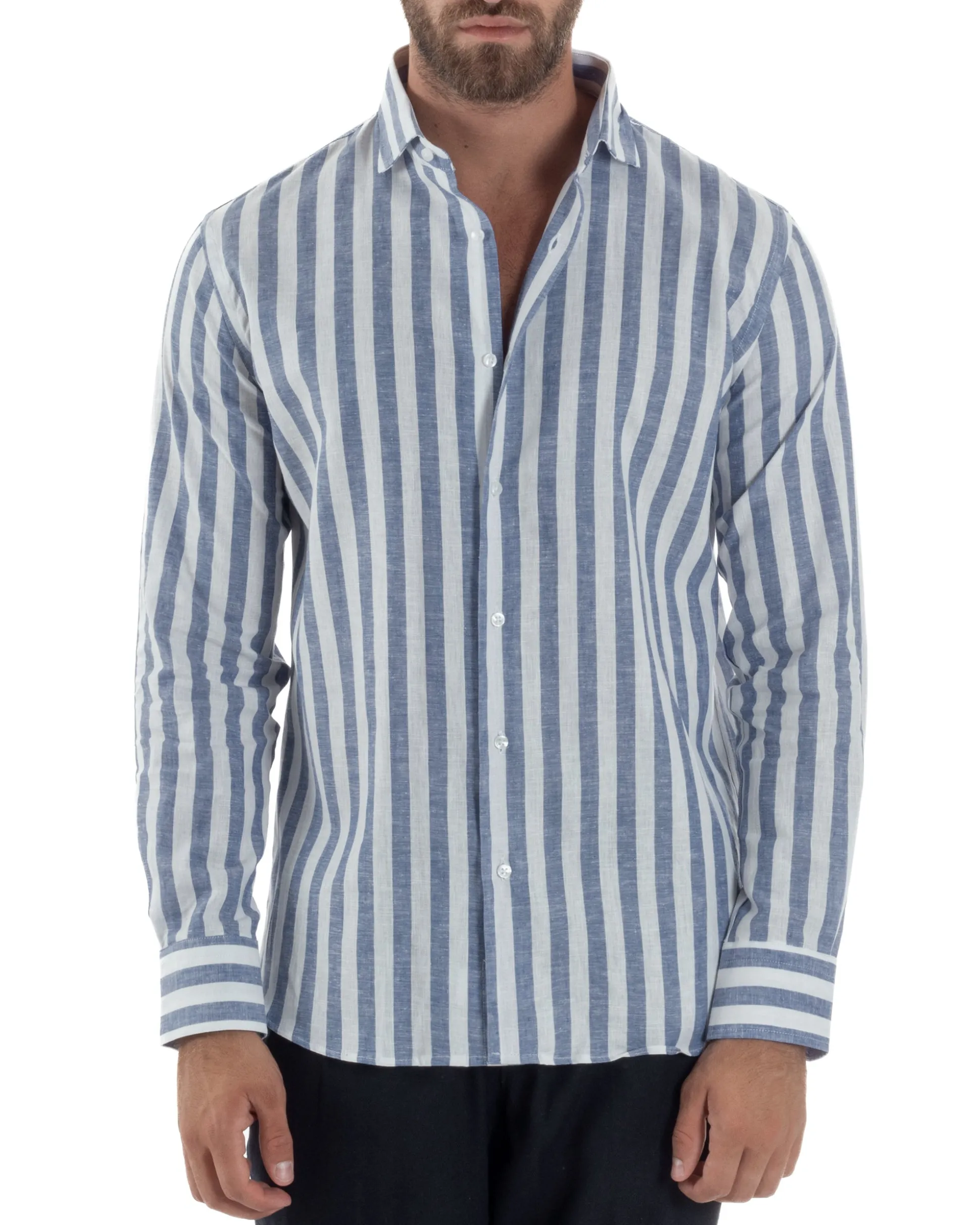 Camicia uomo lino collo francese rigata larga blu C3025A
