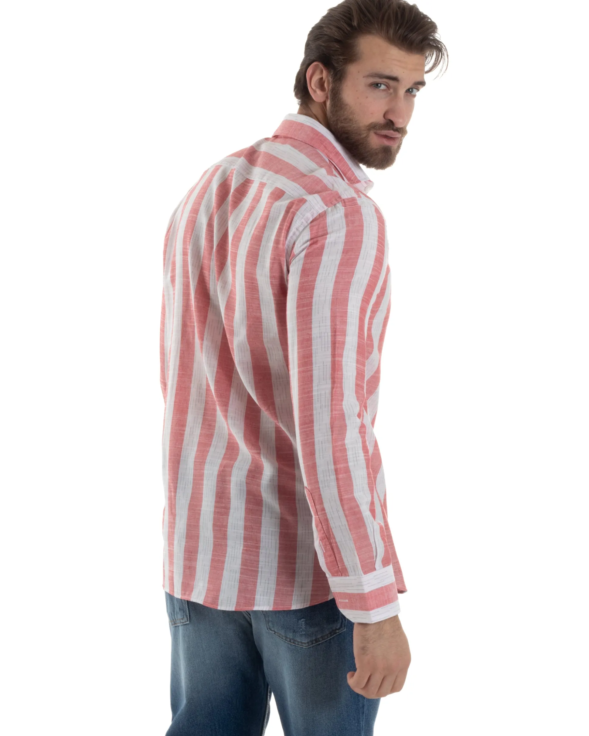 Camicia Uomo Lino Collo Francese Regular Fit Riga Larga Rosso C2854A