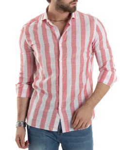 Camicia Uomo Lino Collo Francese Regular Fit Riga Larga Rosso C2854A