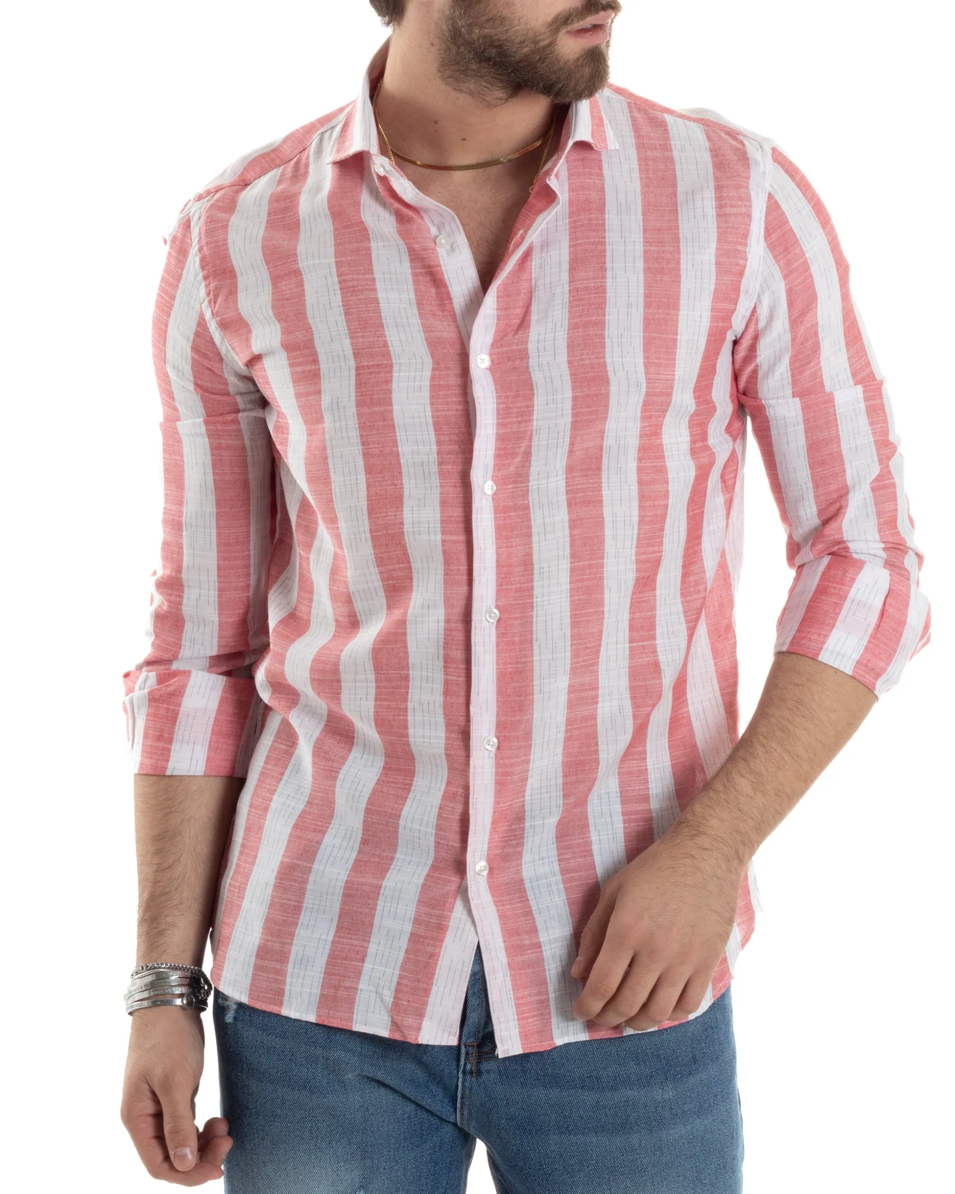 Camicia Uomo Lino Collo Francese Regular Fit Riga Larga Rosso C2854A