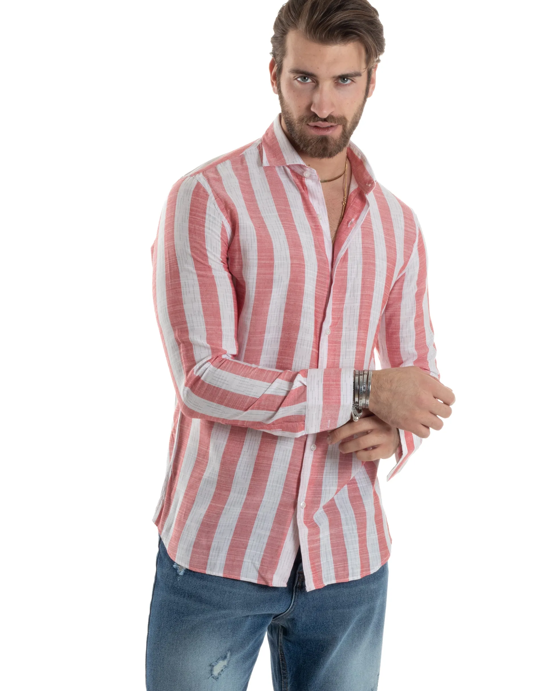Camicia Uomo Lino Collo Francese Regular Fit Riga Larga Rosso C2854A