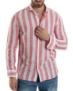 Camicia Uomo Lino Collo Francese Regular Fit Riga Larga Rosso C2854A