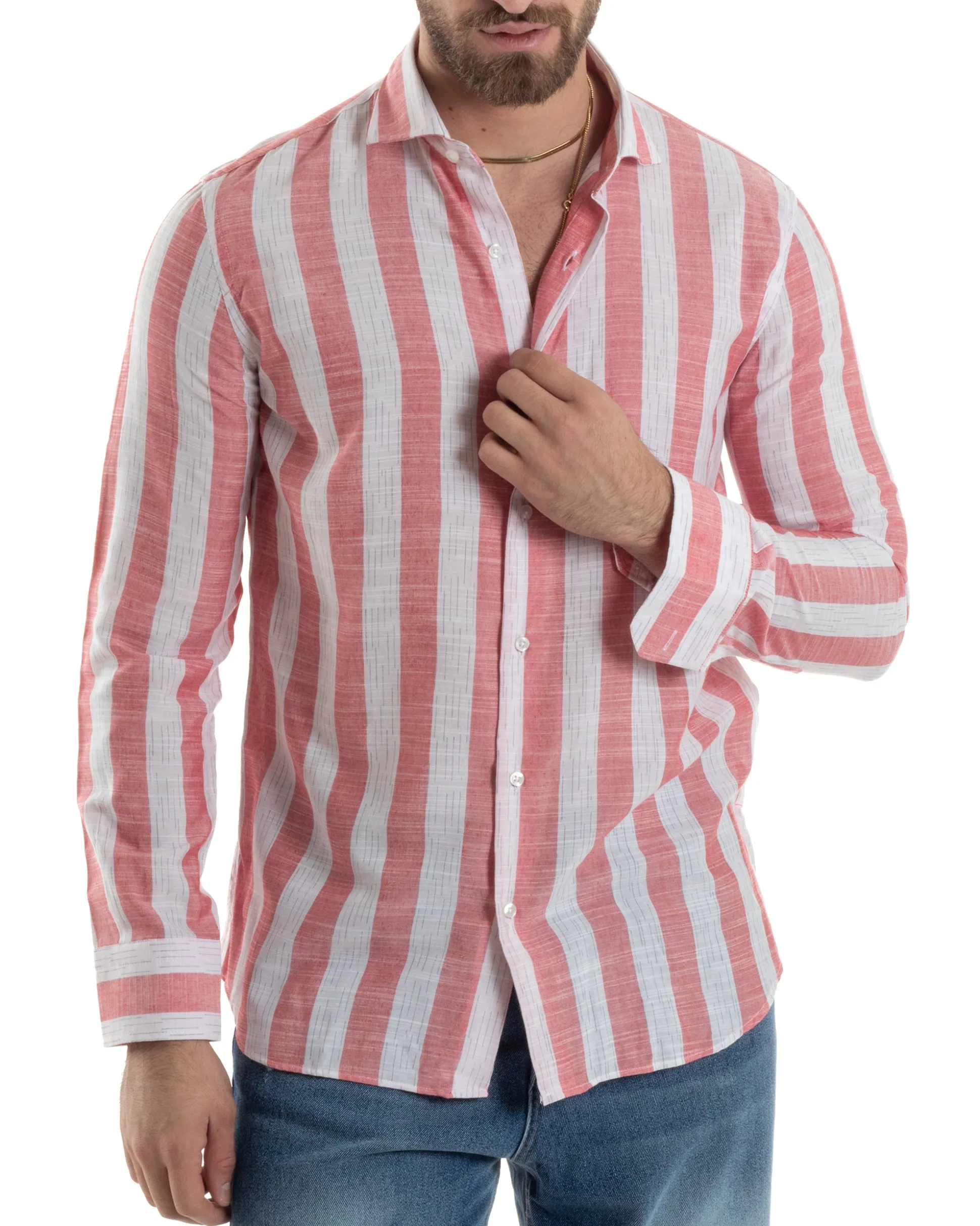 Camicia Uomo Lino Collo Francese Regular Fit Riga Larga Rosso C2854A