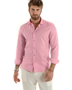 Camicia Uomo Lino Collo Francese Sartoriale Rosa C2725A