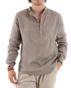 Camicia Uomo Lino Collo Serafino Mezzo Bottone Tinta Unita Casacca Fango GIOSAL-C2898A