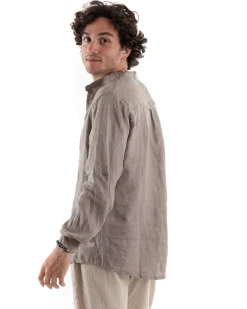 Camicia Uomo Lino Collo Serafino Mezzo Bottone Tinta Unita Casacca Fango GIOSAL-C2898A