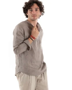 Camicia Uomo Lino Collo Serafino Mezzo Bottone Tinta Unita Casacca Fango GIOSAL-C2898A