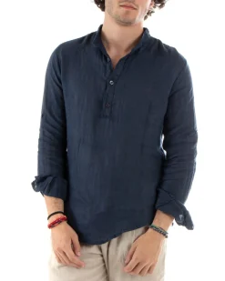 Camicia Uomo Lino Collo Serafino Mezzo Bottone Tinta Unita Casacca Blu GIOSAL-C2902A