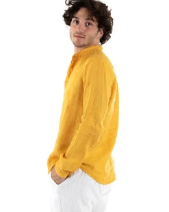 Camicia Uomo Lino Collo Serafino Mezzo Bottone Tinta Unita Casacca Senape GIOSAL-C2900A