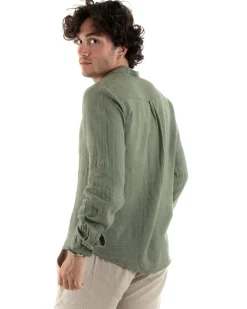 Camicia Uomo Lino Collo Serafino Mezzo Bottone Tinta Unita Casacca Verde GIOSAL-C2899A