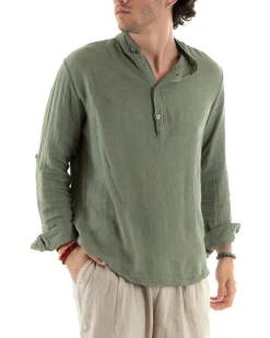 Camicia Uomo Lino Collo Serafino Mezzo Bottone Tinta Unita Casacca Verde GIOSAL-C2899A