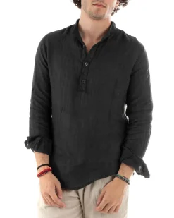Camicia Uomo Lino Collo Serafino Mezzo Bottone Tinta Unita Casacca Nero GIOSAL-C2901A