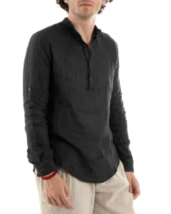 Camicia Uomo Lino Collo Serafino Mezzo Bottone Tinta Unita Casacca Nero GIOSAL-C2901A