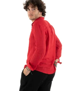 Camicia Uomo Lino Collo Serafino Mezzo Bottone Tinta Unita Casacca Rosso GIOSAL-C2907A
