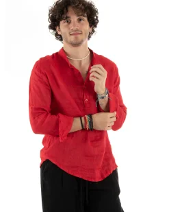 Camicia Uomo Lino Collo Serafino Mezzo Bottone Tinta Unita Casacca Rosso GIOSAL-C2907A