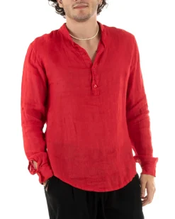 Camicia Uomo Lino Collo Serafino Mezzo Bottone Tinta Unita Casacca Rosso GIOSAL-C2907A