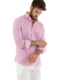 Camicia uomo lino melangiata collo francese sartoriale casual tinta unita rosa GIOSAL-C2684A