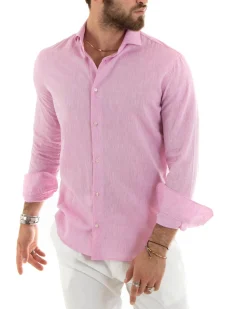 Camicia uomo lino melangiata collo francese sartoriale casual tinta unita rosa GIOSAL-C2684A