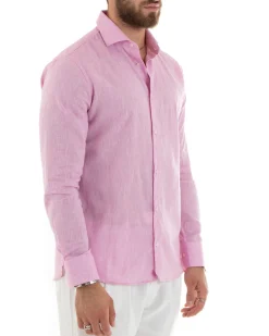 Camicia uomo lino melangiata collo francese sartoriale casual tinta unita rosa GIOSAL-C2684A