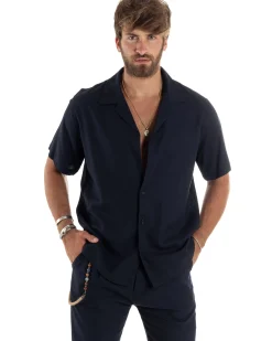 Camicia uomo lino mezze maniche colletto bowling collo rever boxy fit blu GIOSAL-CC1212A