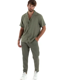 Camicia uomo lino mezze maniche colletto bowling collo rever boxy fit verde GIOSAL-CC1209A
