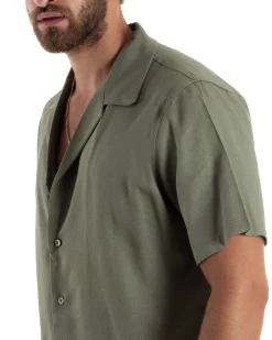 Camicia uomo lino mezze maniche colletto bowling collo rever boxy fit verde GIOSAL-CC1209A