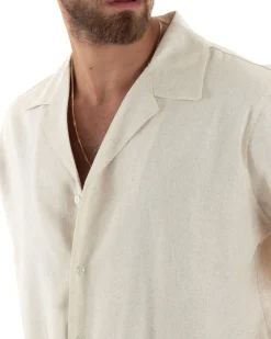Camicia uomo lino mezze maniche colletto bowling collo rever boxy fit beige GIOSAL-CC1208A