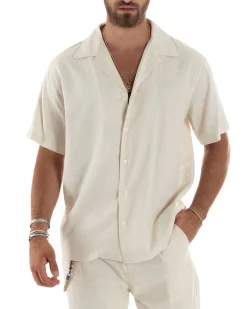 Camicia uomo lino mezze maniche colletto bowling collo rever boxy fit beige GIOSAL-CC1208A