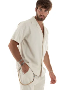 Camicia uomo lino mezze maniche colletto bowling collo rever boxy fit beige GIOSAL-CC1208A