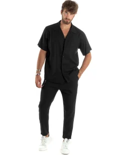 Camicia uomo lino mezze maniche colletto bowling collo rever boxy fit nero GIOSAL-CC1211A