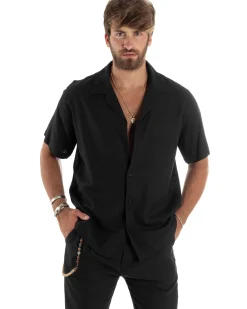 Camicia uomo lino mezze maniche colletto bowling collo rever boxy fit nero GIOSAL-CC1211A