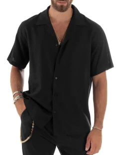 Camicia uomo lino mezze maniche colletto bowling collo rever boxy fit nero GIOSAL-CC1211A