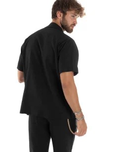 Camicia uomo lino mezze maniche colletto bowling collo rever boxy fit nero GIOSAL-CC1211A