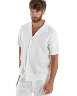 Camicia uomo lino mezze maniche colletto bowling collo rever boxy fit bianco GIOSAL-CC1210A