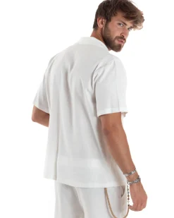 Camicia uomo lino mezze maniche colletto bowling collo rever boxy fit bianco GIOSAL-CC1210A