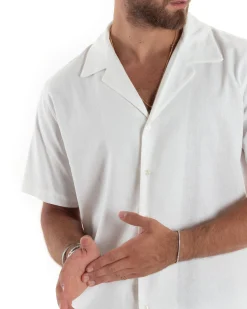 Camicia uomo lino mezze maniche colletto bowling collo rever boxy fit bianco GIOSAL-CC1210A