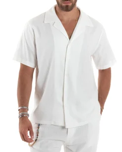 Camicia uomo lino mezze maniche colletto bowling collo rever boxy fit bianco GIOSAL-CC1210A