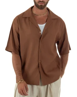 Camicia uomo lino mezze maniche colletto bowling collo rever boxy fit camel GIOSAL-CC1237A