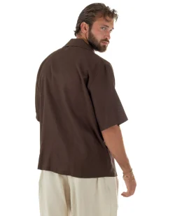 Camicia uomo lino mezze maniche colletto bowling collo rever boxy fit marrone GIOSAL-CC1236A